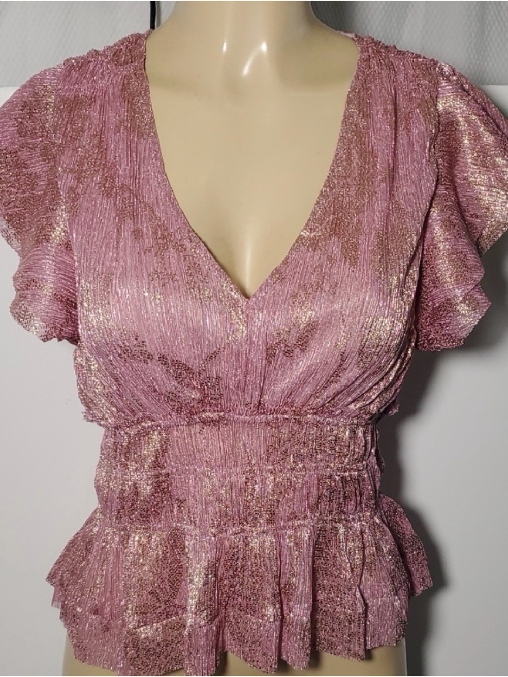 Anthropologie metallic smocked short sleeve top